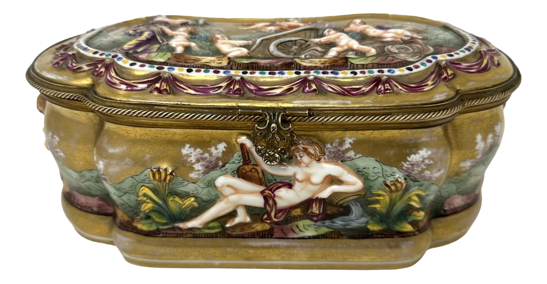 Antique Naples Capodimonte Porcelain Gilt Mounted Jewlery Dresser Or Trinket Box Casket 1 Antique Naples Capodimonte Porcelain Gilt Mounted Jewlery Dresser Or Trinket Box Casket