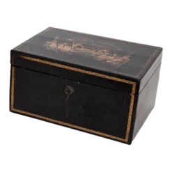 Antique Rectangular Black And Gold Lacquer Chinese Export Tea Caddy Box