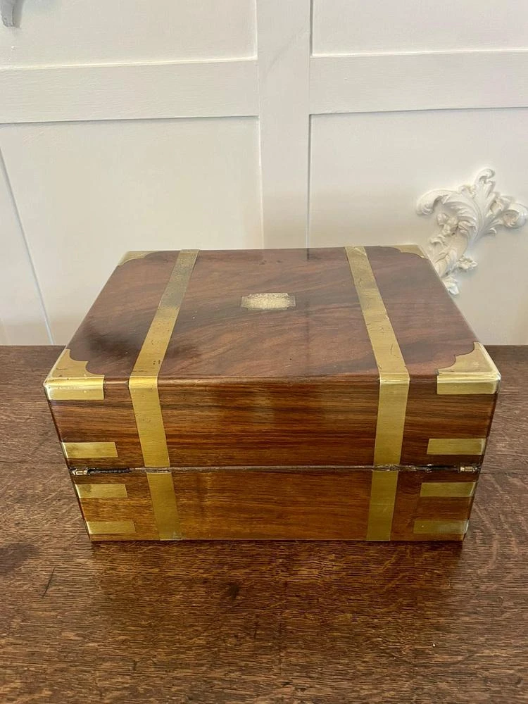 Antique Victorian Quality Burr Walnut Brass Bound Writing Box 4 Antique Victorian Quality Burr Walnut Brass Bound Writing Box - Image 4
