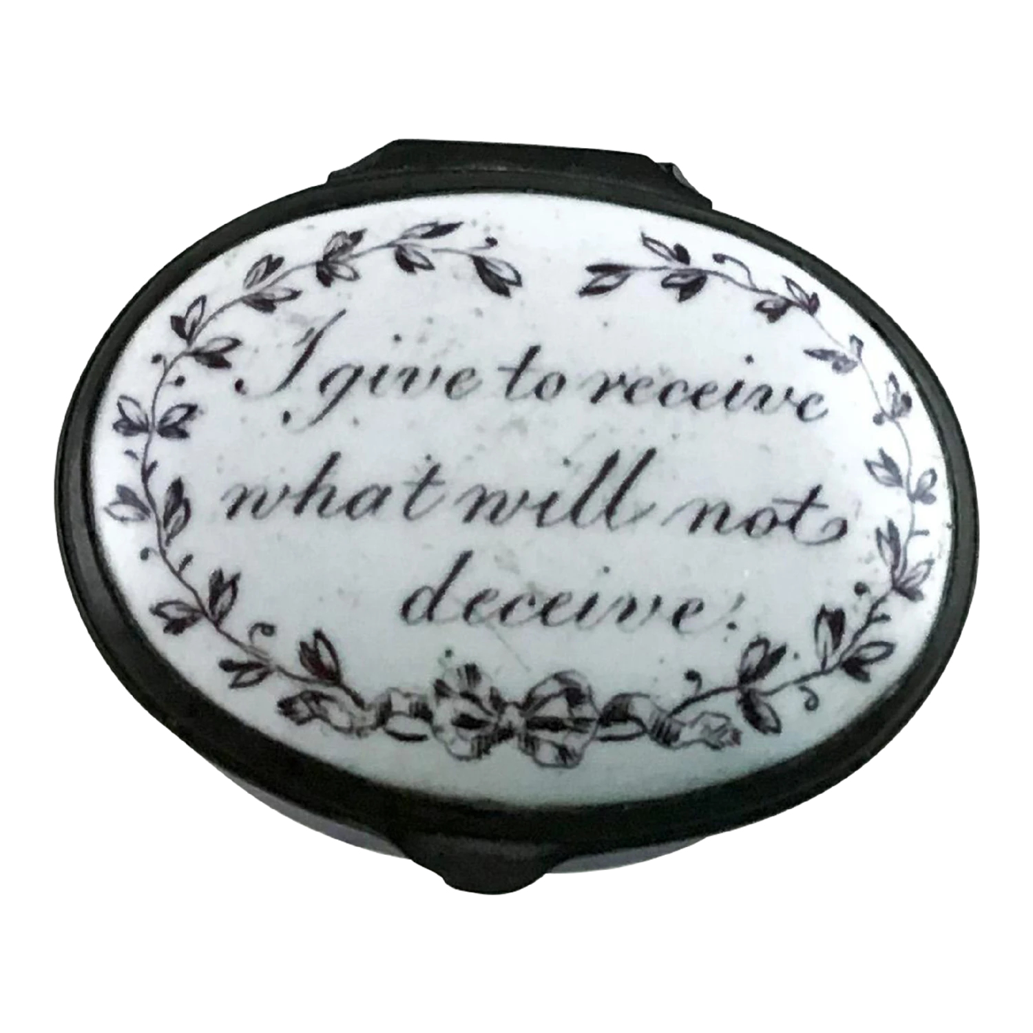 Battersea Bilston Enamel "I Give To Receive" Motto Patch Box C 1790 1 Battersea Bilston Enamel "I Give To Receive" Motto Patch Box C 1790