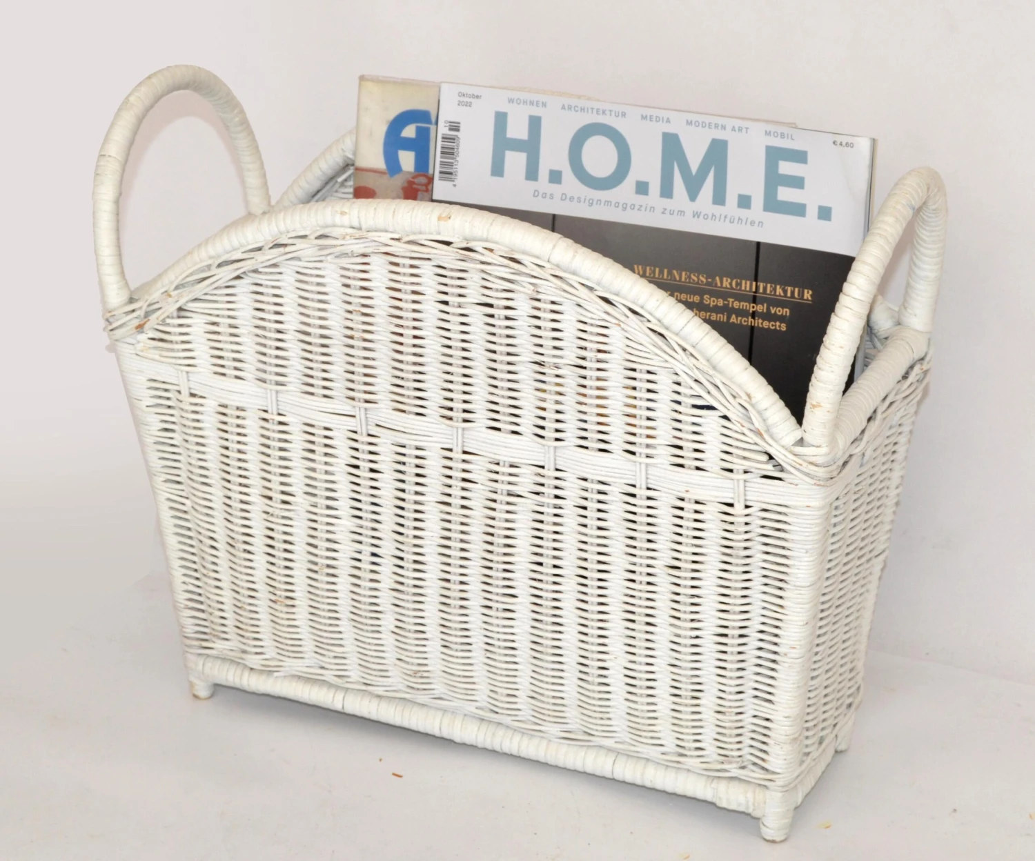 Bohemian Chic White Bleached Magazine Rack Handwoven Wicker & Rattan 1970 2 Bohemian Chic White Bleached Magazine Rack Handwoven Wicker & Rattan 1970 - Image 2