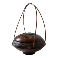 Chinese Hand Carved Wood Antique 19th Century Basket With Bamboo Handle