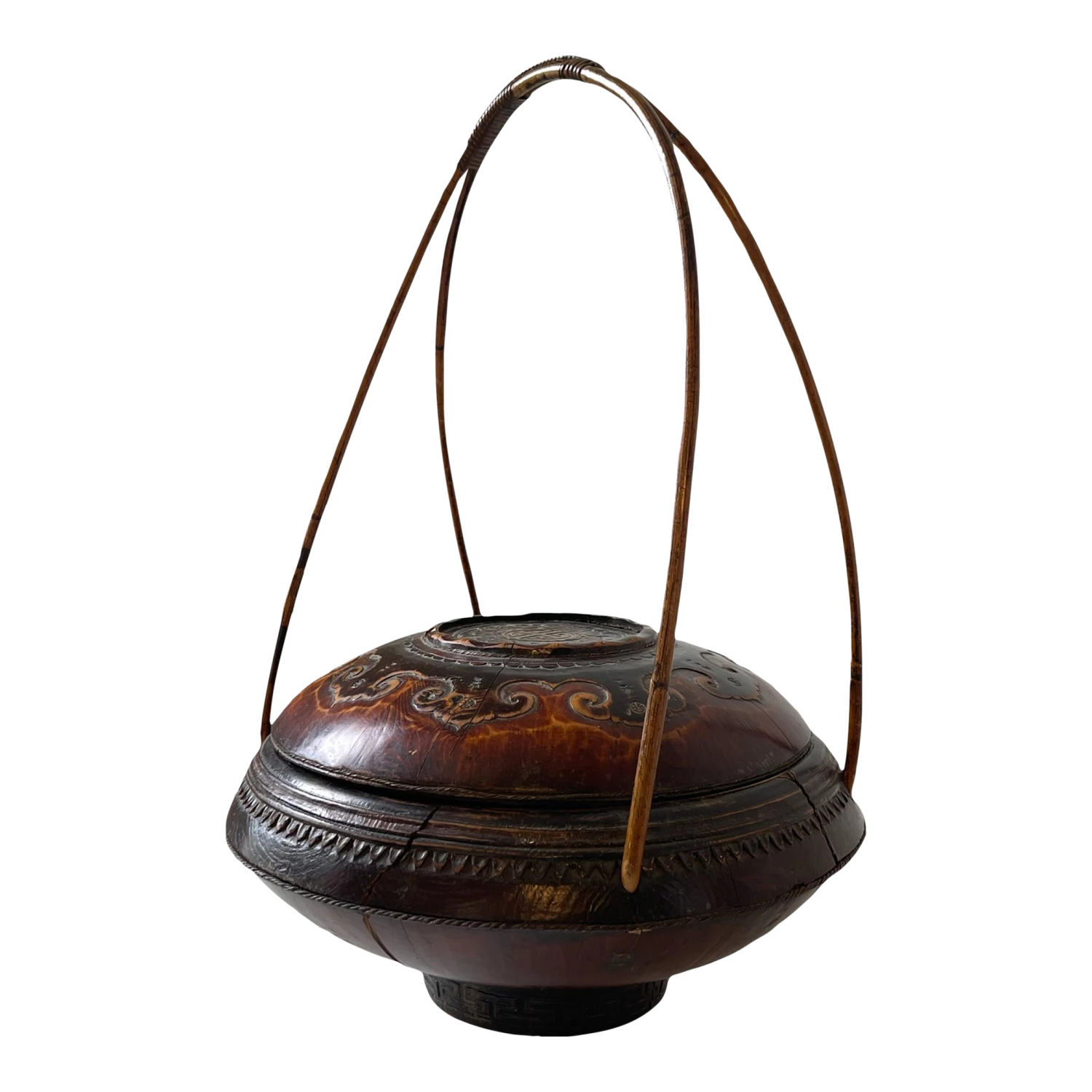 Chinese Hand Carved Wood Antique 19th Century Basket With Bamboo Handle 1 Chinese Hand Carved Wood Antique 19th Century Basket With Bamboo Handle