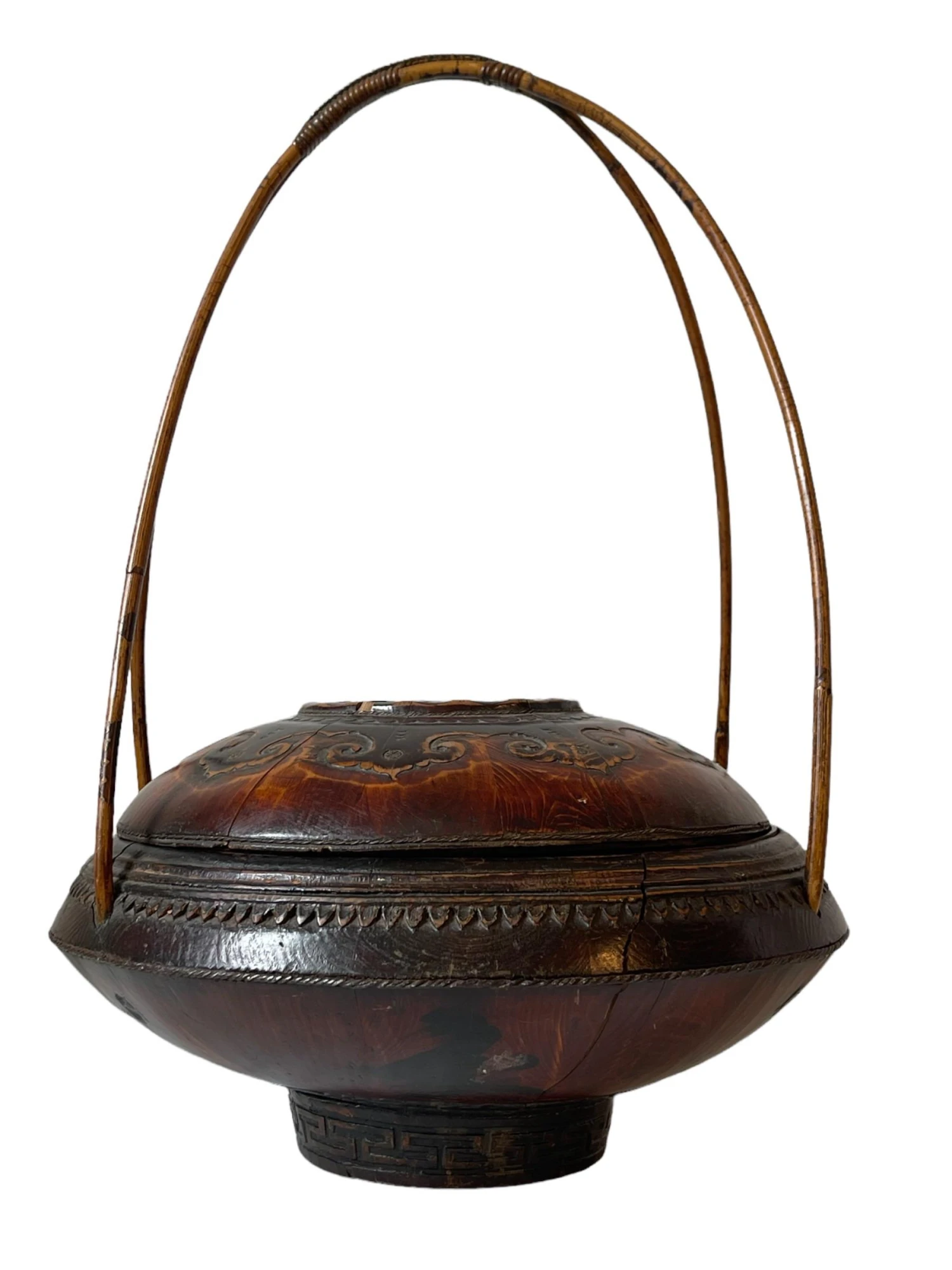 Chinese Hand Carved Wood Antique 19th Century Basket With Bamboo Handle 3 Chinese Hand Carved Wood Antique 19th Century Basket With Bamboo Handle - Image 3