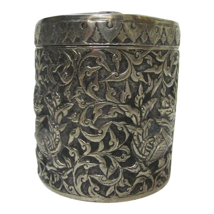 Chinese Silver Hand Chased Covered Box 1 Chinese Silver Hand Chased Covered Box