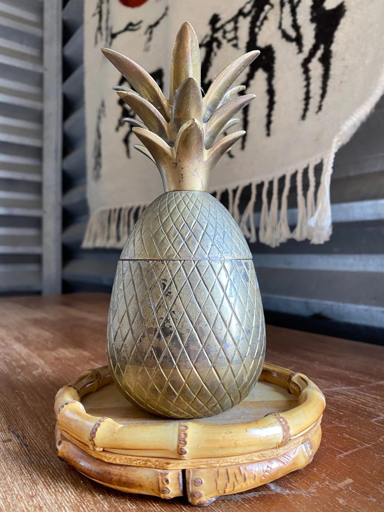 Chinoiserie Chic Brass Pineapple Trinket Box On Bamboo Plateau 5 Chinoiserie Chic Brass Pineapple Trinket Box On Bamboo Plateau - Image 5