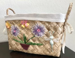 Circa 1980 Boho Chic Handwoven Coconut Leaf & Raffia Embroidered Basket 14 Circa 1980 Boho Chic Handwoven Coconut Leaf & Raffia Embroidered Basket -Chairish Shop circa 1980 boho chic handwoven coconut leaf and raffia embroidered basket 3342 scaled