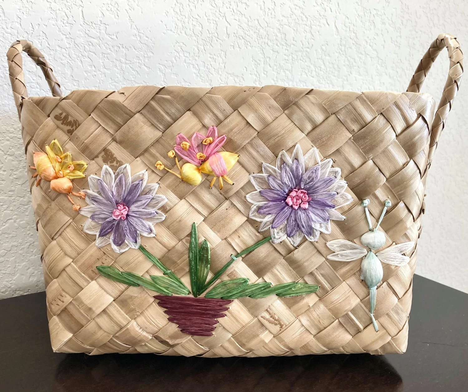 Circa 1980 Boho Chic Handwoven Coconut Leaf & Raffia Embroidered Basket 2 Circa 1980 Boho Chic Handwoven Coconut Leaf & Raffia Embroidered Basket - Image 2