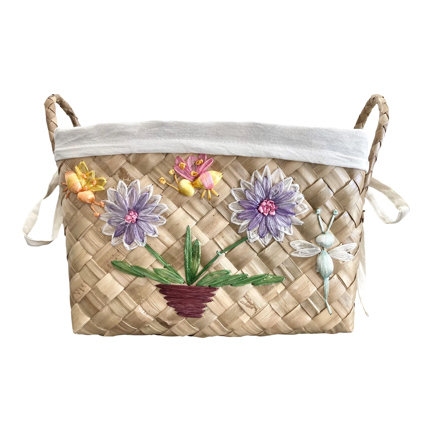 Circa 1980 Boho Chic Handwoven Coconut Leaf & Raffia Embroidered Basket 1 Circa 1980 Boho Chic Handwoven Coconut Leaf & Raffia Embroidered Basket