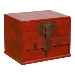 Early 20th Century Chinese Red Lacquer & Bronze Hardware Jewelry Box