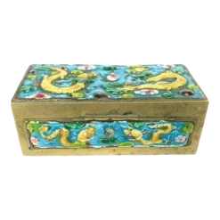 Early 20th Century Vintage Chinese Double Dragon Celestial Flaming Pearl Enamel Brass Stamp Box