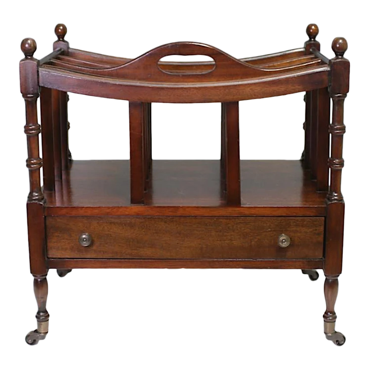 Fine Antique Mahogany Canterbury On Brass Casters With Drawer, Classic English Design 1920's 1 Fine Antique Mahogany Canterbury On Brass Casters With Drawer, Classic English Design 1920's