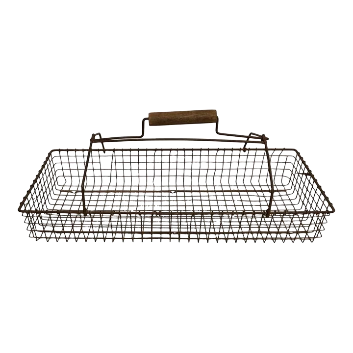 French Wire Metal Harvest Gathering Basket With Interlocking Wood Handle 1 French Wire Metal Harvest Gathering Basket With Interlocking Wood Handle