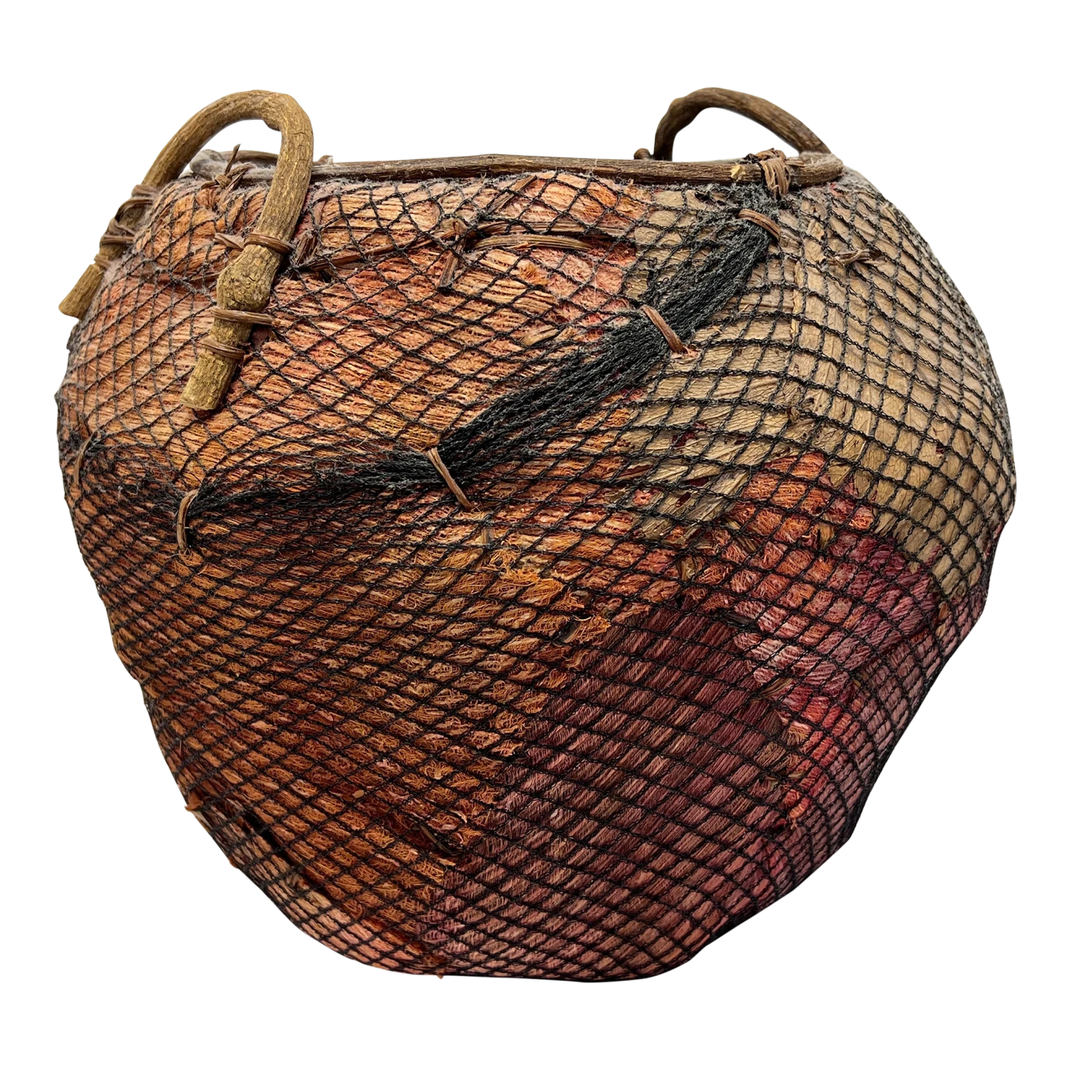 Handmade Natural Fiber And Leaf Basket Wrapped In Fish Net, 1970s 1 Handmade Natural Fiber And Leaf Basket Wrapped In Fish Net, 1970s