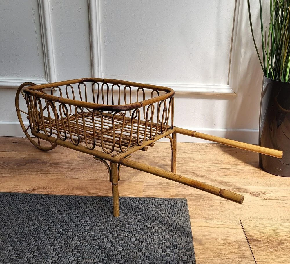 Italian Bohemian French Riviera Magazine Wheelbarrow In Bamboo And Rattan, 1960s 4 Italian Bohemian French Riviera Magazine Wheelbarrow In Bamboo And Rattan, 1960s - Image 4