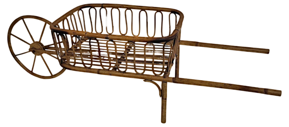 Italian Bohemian French Riviera Magazine Wheelbarrow In Bamboo And Rattan, 1960s 1 Italian Bohemian French Riviera Magazine Wheelbarrow In Bamboo And Rattan, 1960s