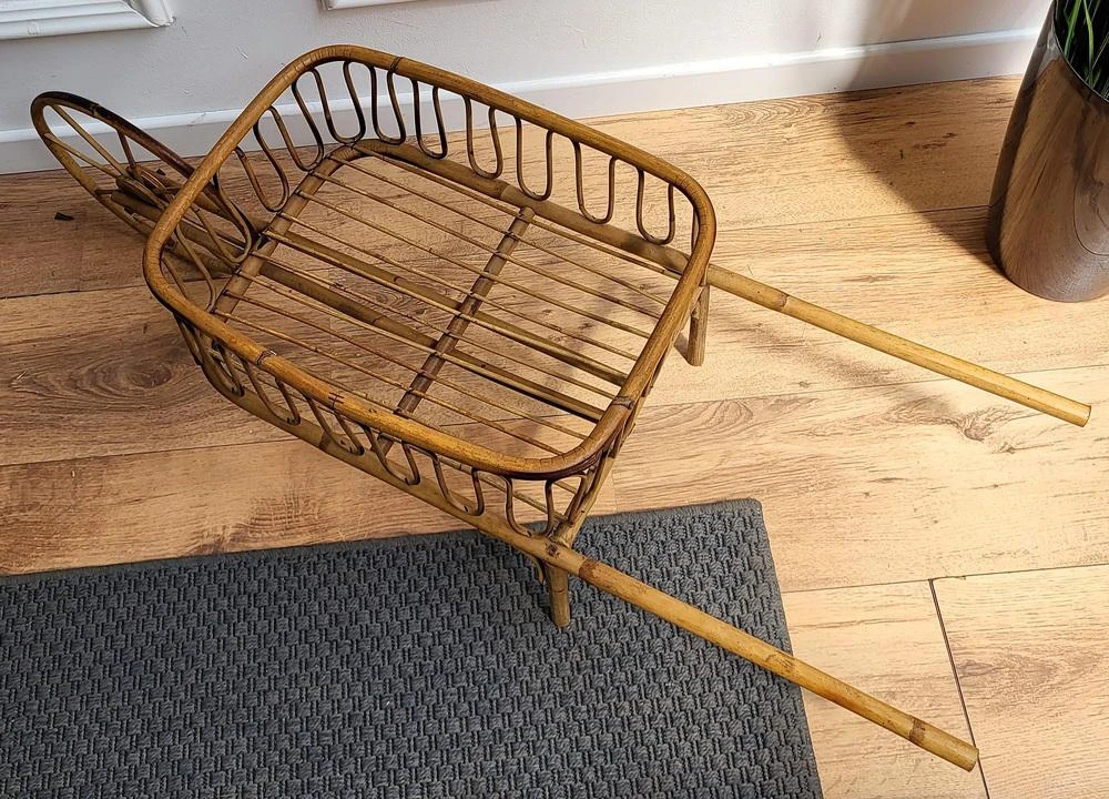 Italian Bohemian French Riviera Magazine Wheelbarrow In Bamboo And Rattan, 1960s 6 Italian Bohemian French Riviera Magazine Wheelbarrow In Bamboo And Rattan, 1960s - Image 6