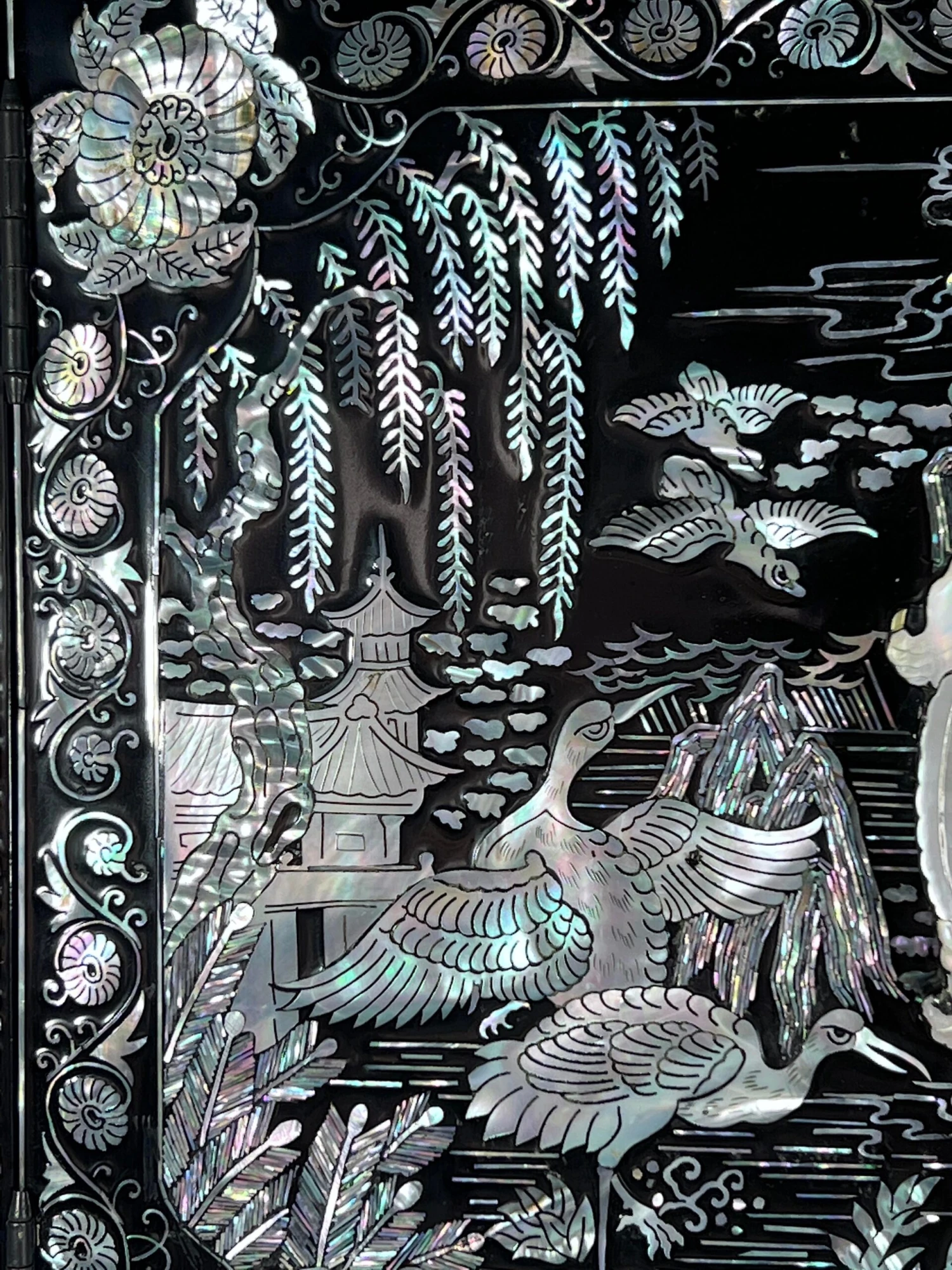 Large Chinese Black Lacquer Double Happiness Jewelry / Dowry Box / Wedding Chest With Mother Of Pearl Inlay 9 Large Chinese Black Lacquer Double Happiness Jewelry / Dowry Box / Wedding Chest With Mother Of Pearl Inlay - Image 9