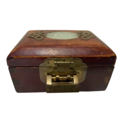 Late 19th Century Antique Chinese Jewelry Box, Dark Wood & Brass Carved Jade Inlay Silk Lining With Original Lock