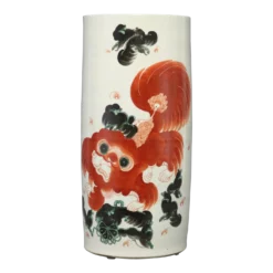 Late 19th Century Chinese Qing Foo Dog Porcelain Umbrella Holder In Iron Red