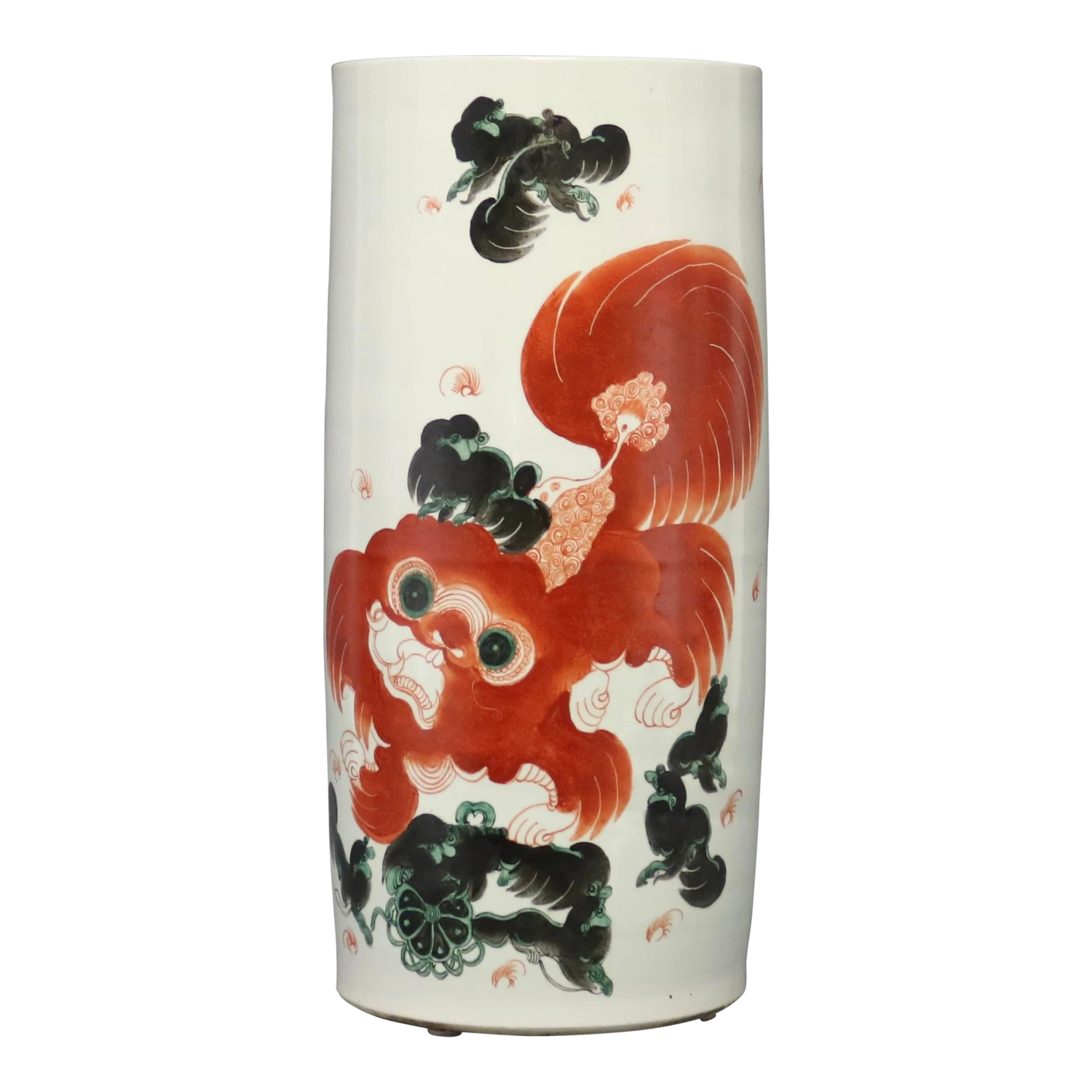 Late 19th Century Chinese Qing Foo Dog Porcelain Umbrella Holder In Iron Red 1 Late 19th Century Chinese Qing Foo Dog Porcelain Umbrella Holder In Iron Red