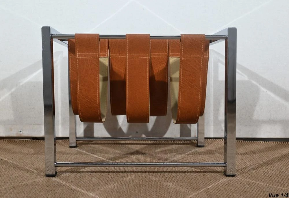 Leather And Chrome Magazine Rack From Novatrend, 1980s 6 Leather And Chrome Magazine Rack From Novatrend, 1980s - Image 6