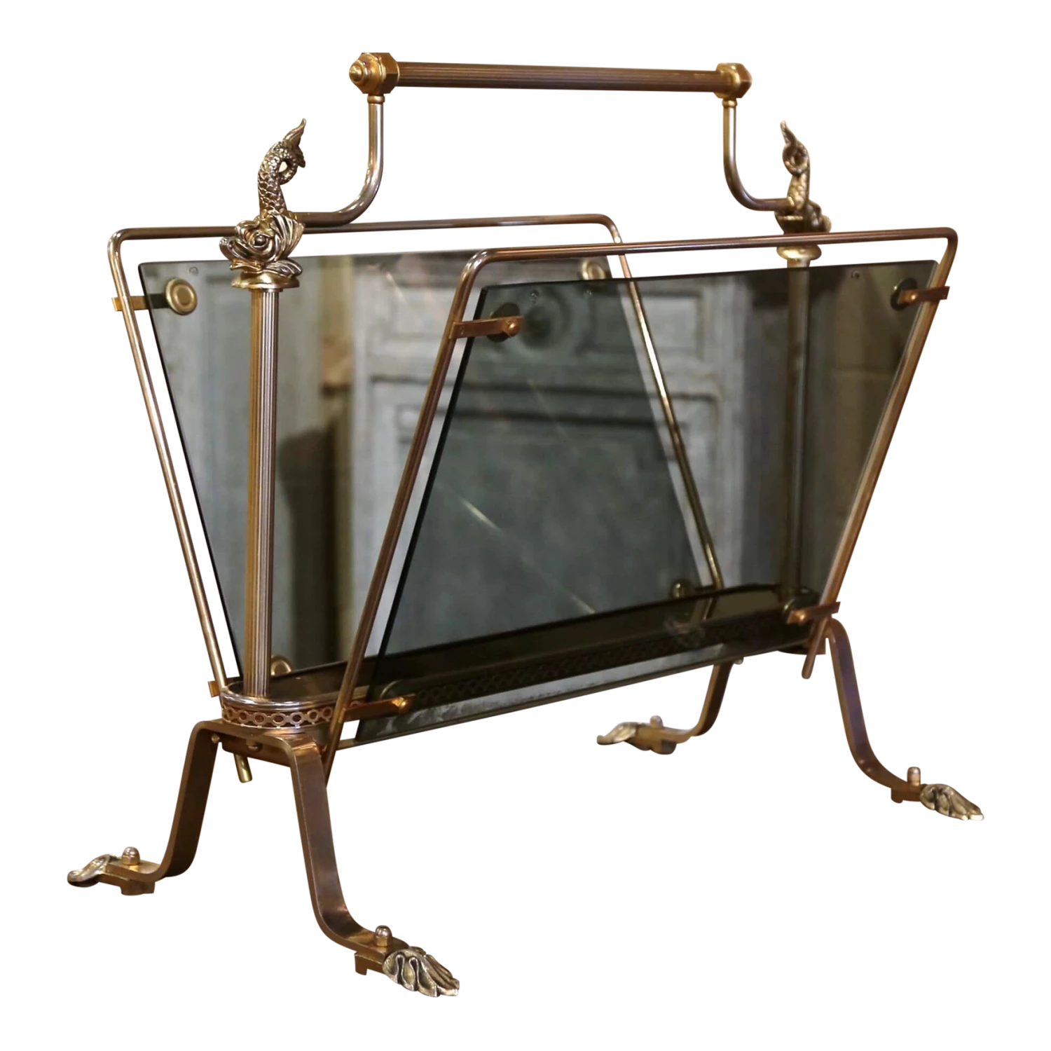Mid-20th Century, French Brass And Glass Magazine Rack Maison Jansen Style 1 Mid-20th Century, French Brass And Glass Magazine Rack Maison Jansen Style