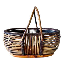 Mid 20th-Century Sizable Pencil Reed Bamboo Basket With Fold-Down Handles