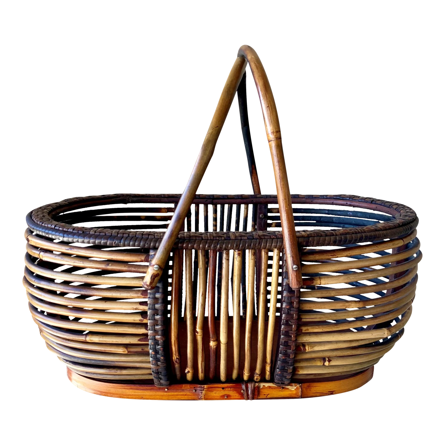 Mid 20th-Century Sizable Pencil Reed Bamboo Basket With Fold-Down Handles 1 Mid 20th-Century Sizable Pencil Reed Bamboo Basket With Fold-Down Handles