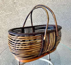 Mid 20th-Century Sizable Pencil Reed Bamboo Basket With Fold-Down Handles 13 Mid 20th-Century Sizable Pencil Reed Bamboo Basket With Fold-Down Handles -Chairish Shop mid 20th century sizable pencil reed bamboo basket with fold down handles 6578 scaled