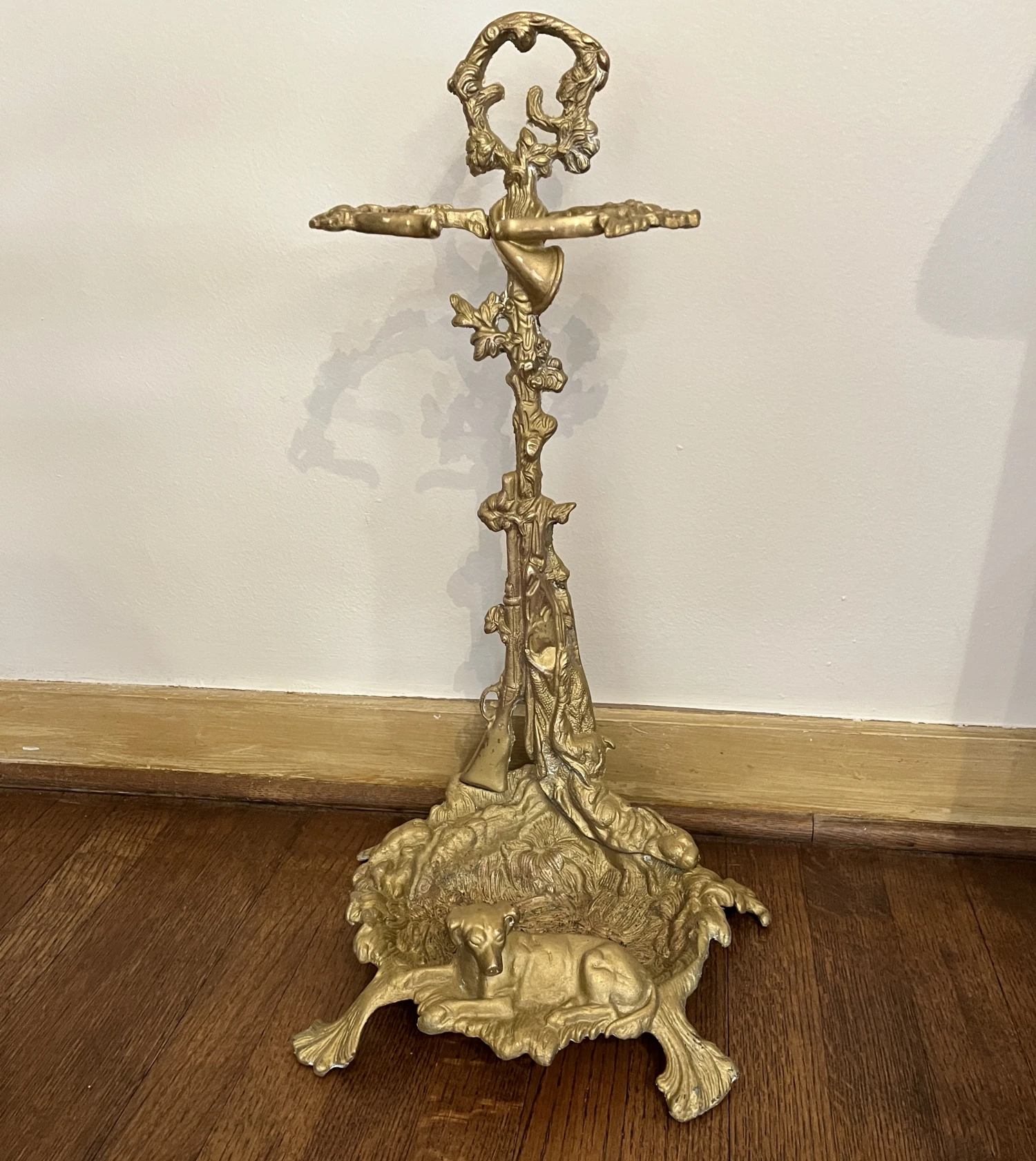 Mid 20th Century Vintage Brass Embossed Hunting Scene Umbrella Stand 8 Mid 20th Century Vintage Brass Embossed Hunting Scene Umbrella Stand - Image 8