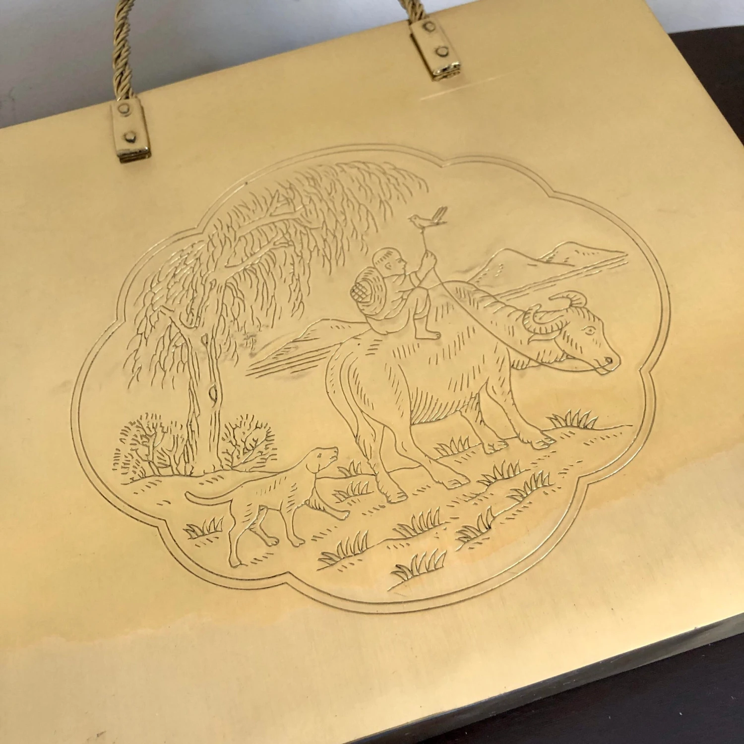 Mid Century Chinoiserie Brass Shopping Bag Magazine Rack 3 Mid Century Chinoiserie Brass Shopping Bag Magazine Rack - Image 3