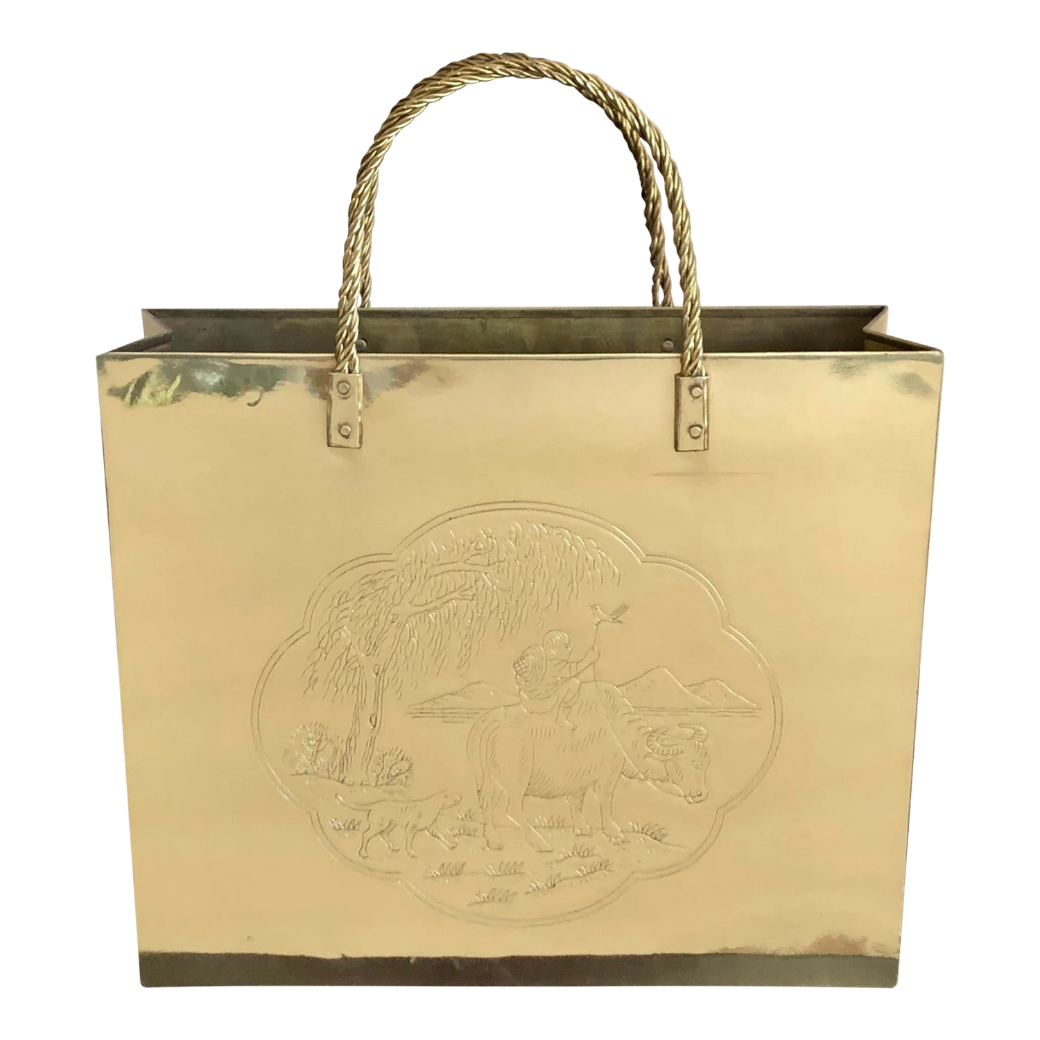 Mid Century Chinoiserie Brass Shopping Bag Magazine Rack 1 Mid Century Chinoiserie Brass Shopping Bag Magazine Rack