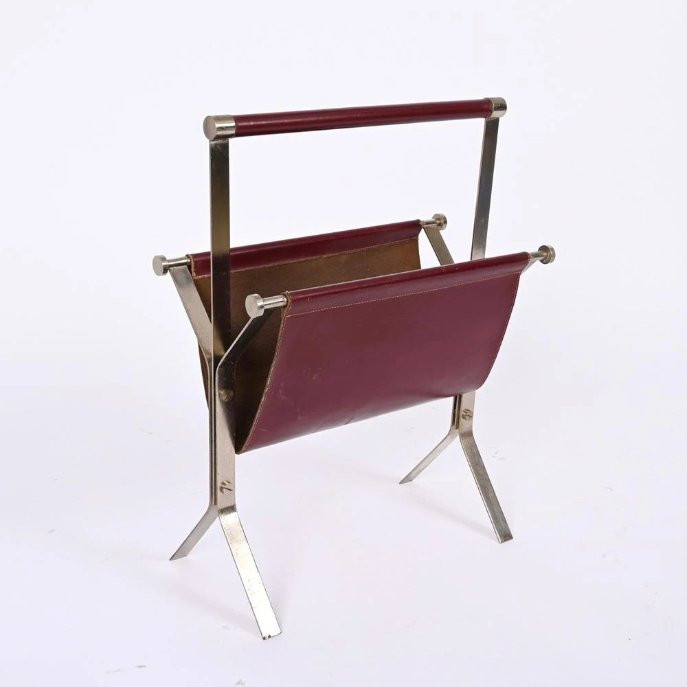 Mid-Century Chromed Steel And Red Leather Magazine Rack From Alessandro Albrizzi, 1970s 4 Mid-Century Chromed Steel And Red Leather Magazine Rack From Alessandro Albrizzi, 1970s - Image 4