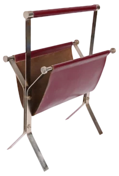 Mid-Century Chromed Steel And Red Leather Magazine Rack From Alessandro Albrizzi, 1970s