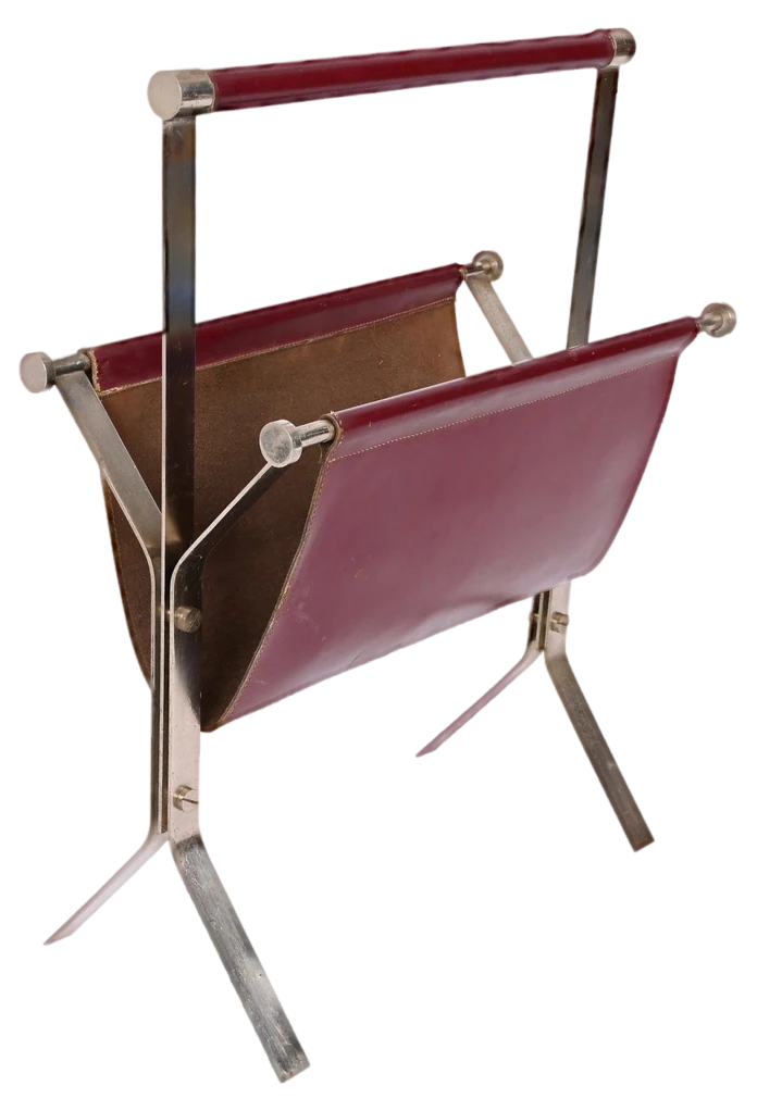 Mid-Century Chromed Steel And Red Leather Magazine Rack From Alessandro Albrizzi, 1970s 1 Mid-Century Chromed Steel And Red Leather Magazine Rack From Alessandro Albrizzi, 1970s