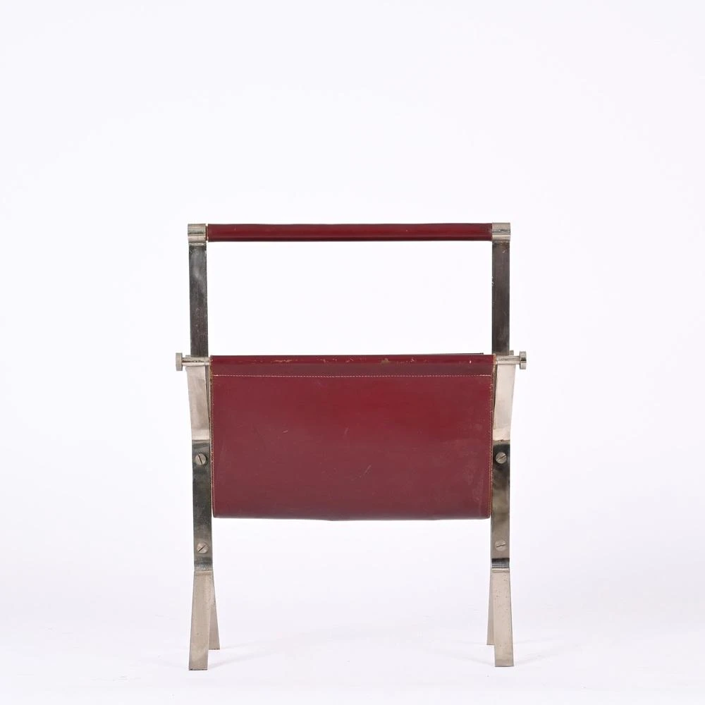 Mid-Century Chromed Steel And Red Leather Magazine Rack From Alessandro Albrizzi, 1970s 8 Mid-Century Chromed Steel And Red Leather Magazine Rack From Alessandro Albrizzi, 1970s - Image 8