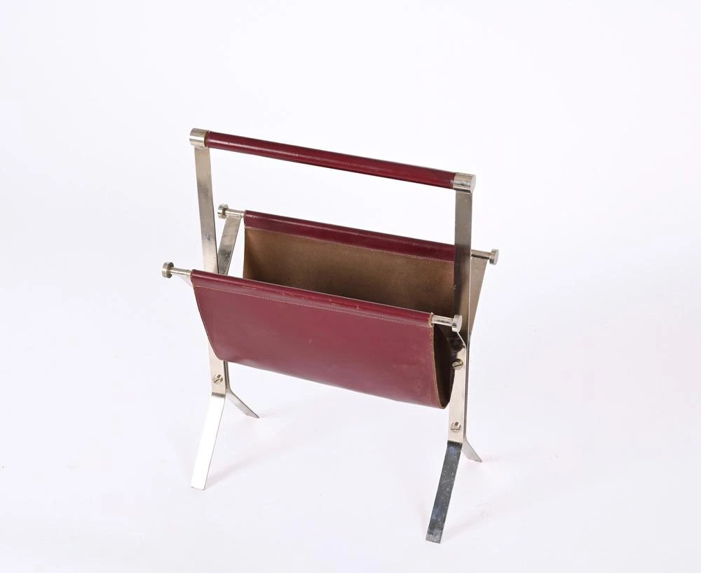 Mid-Century Chromed Steel And Red Leather Magazine Rack From Alessandro Albrizzi, 1970s 9 Mid-Century Chromed Steel And Red Leather Magazine Rack From Alessandro Albrizzi, 1970s - Image 9