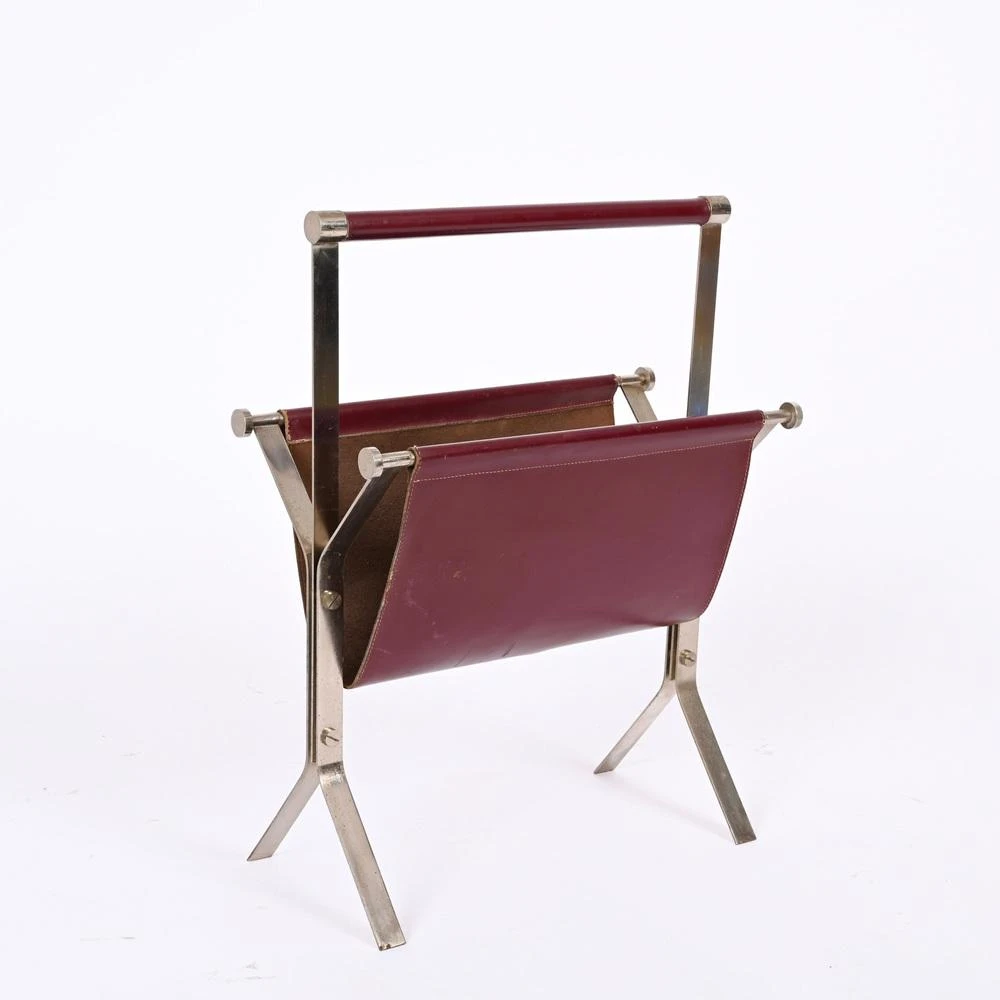 Mid-Century Chromed Steel And Red Leather Magazine Rack From Alessandro Albrizzi, 1970s 5 Mid-Century Chromed Steel And Red Leather Magazine Rack From Alessandro Albrizzi, 1970s - Image 5