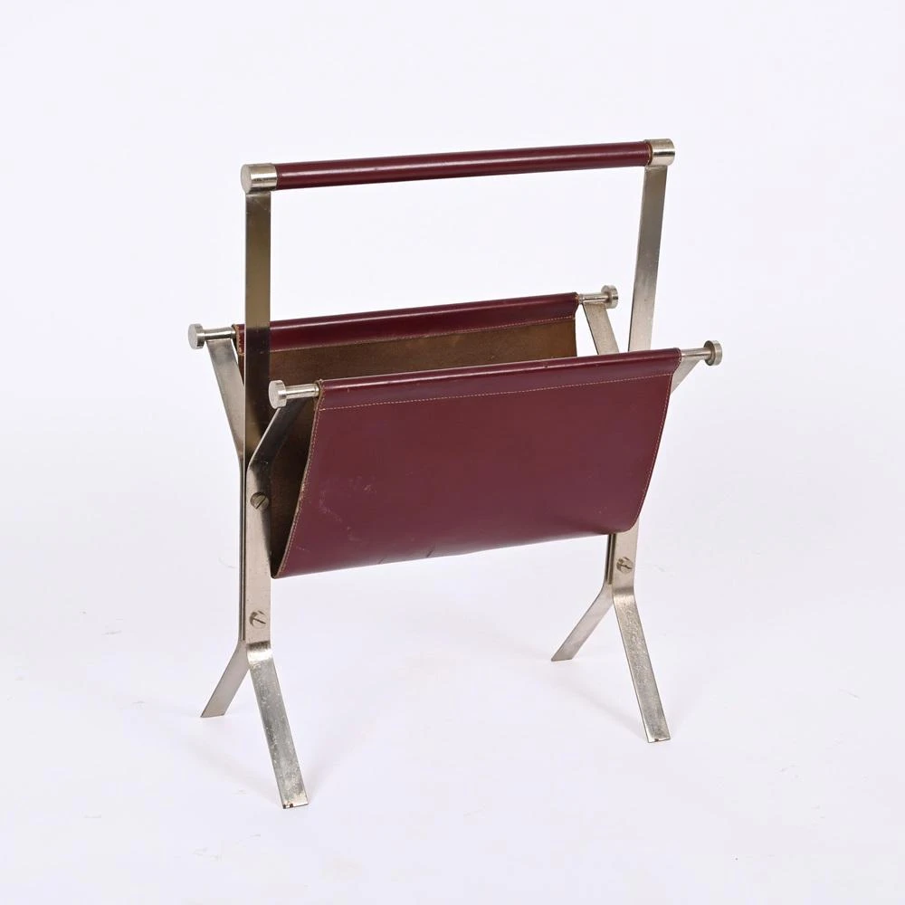 Mid-Century Chromed Steel And Red Leather Magazine Rack From Alessandro Albrizzi, 1970s 2 Mid-Century Chromed Steel And Red Leather Magazine Rack From Alessandro Albrizzi, 1970s - Image 2