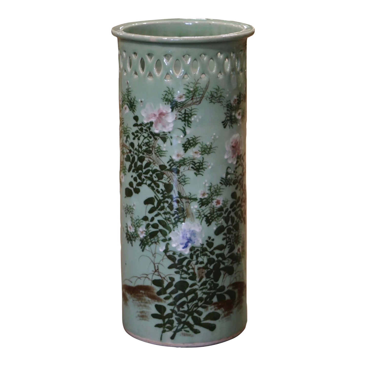 Mid-Century French Hand Painted Porcelain Umbrella Stand With Floral Motifs 1 Mid-Century French Hand Painted Porcelain Umbrella Stand With Floral Motifs