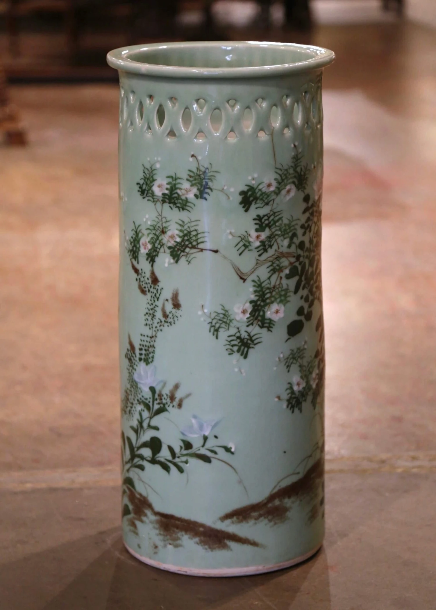 Mid-Century French Hand Painted Porcelain Umbrella Stand With Floral Motifs 6 Mid-Century French Hand Painted Porcelain Umbrella Stand With Floral Motifs - Image 6