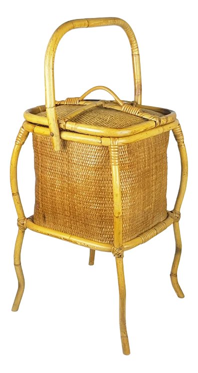 Mid-Century Italian Rush And Rattan Work Basket 1 Mid-Century Italian Rush And Rattan Work Basket