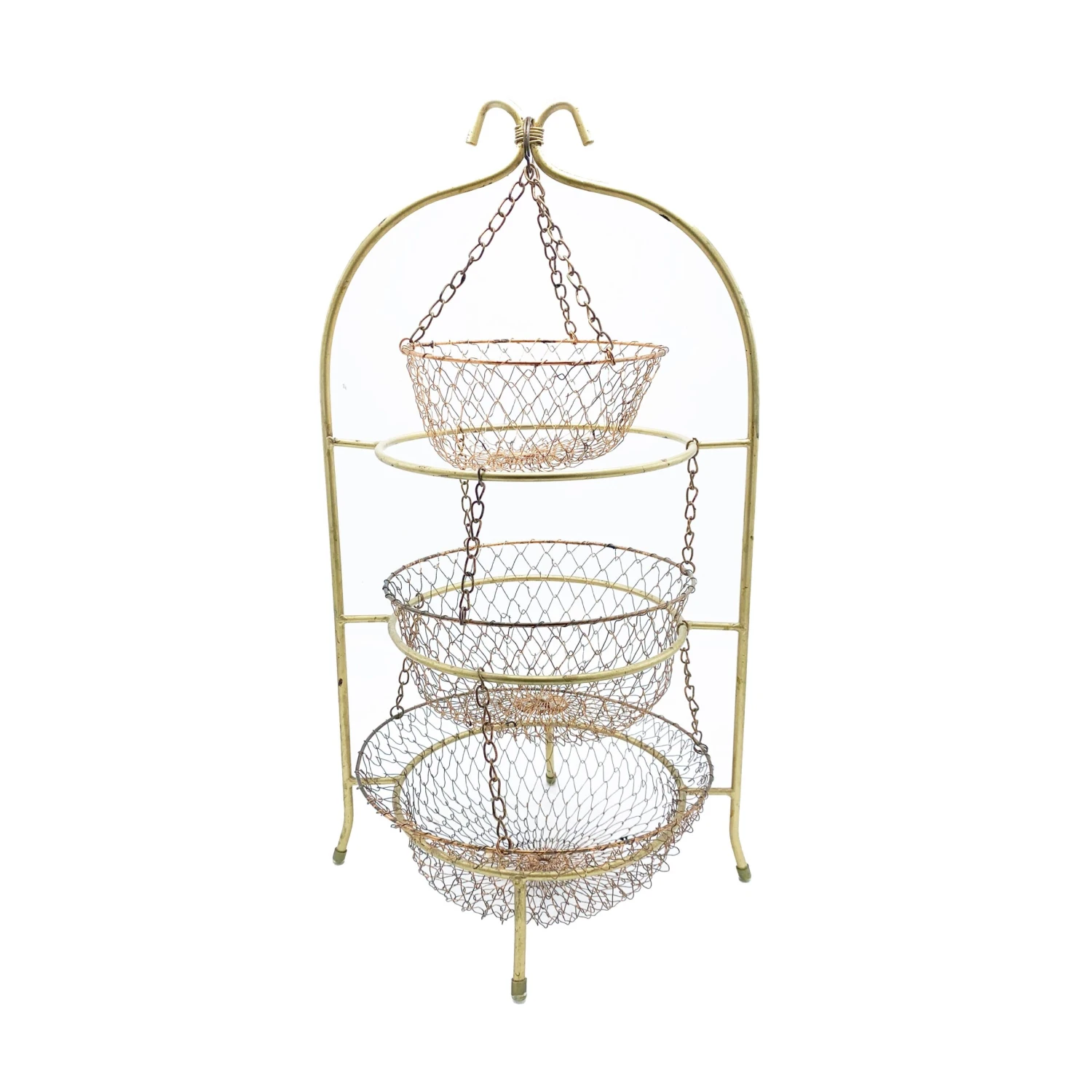 Mid-Century Three Tiered Brass & Collapsible Wire Copper Mesh Hanging Fruit Basket / Server 3 Mid-Century Three Tiered Brass & Collapsible Wire Copper Mesh Hanging Fruit Basket / Server - Image 3
