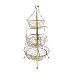 Mid-Century Three Tiered Brass & Collapsible Wire Copper Mesh Hanging Fruit Basket / Server