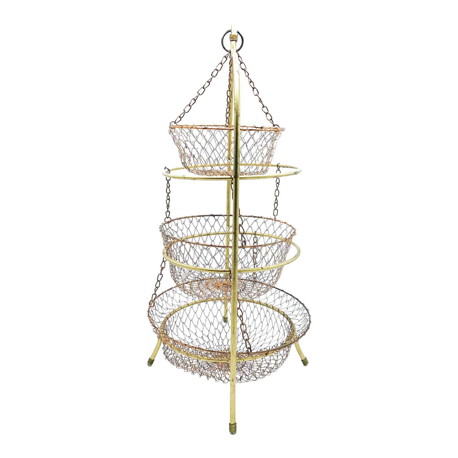Mid-Century Three Tiered Brass & Collapsible Wire Copper Mesh Hanging Fruit Basket / Server 1 Mid-Century Three Tiered Brass & Collapsible Wire Copper Mesh Hanging Fruit Basket / Server