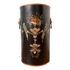 Mid Century Tole Parrot Bird And Fruit Motif Black Umbrella Stand