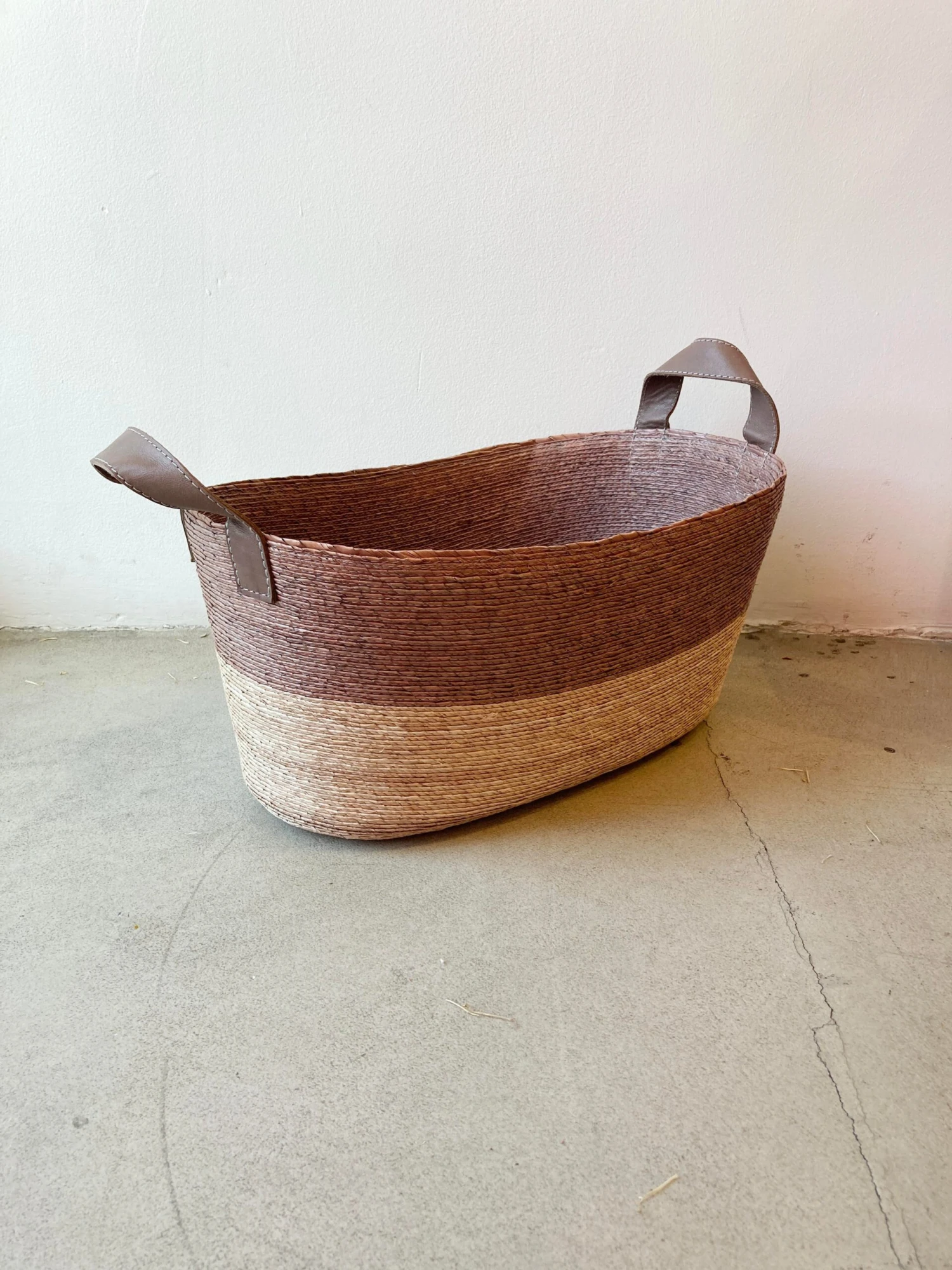 Natural Palm Storage Basket With Leather Handles, Long 3 Natural Palm Storage Basket With Leather Handles, Long - Image 3