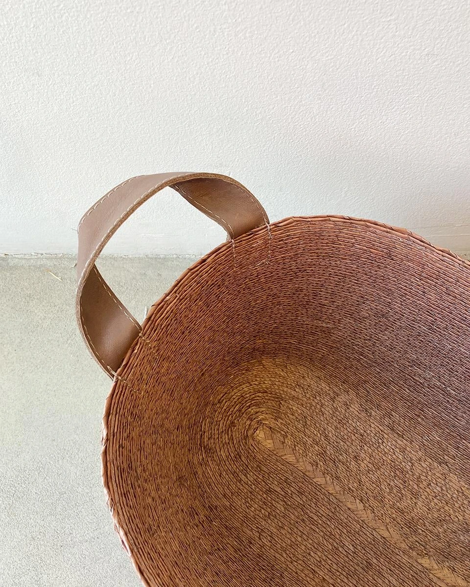 Natural Palm Storage Basket With Leather Handles, Long 2 Natural Palm Storage Basket With Leather Handles, Long - Image 2