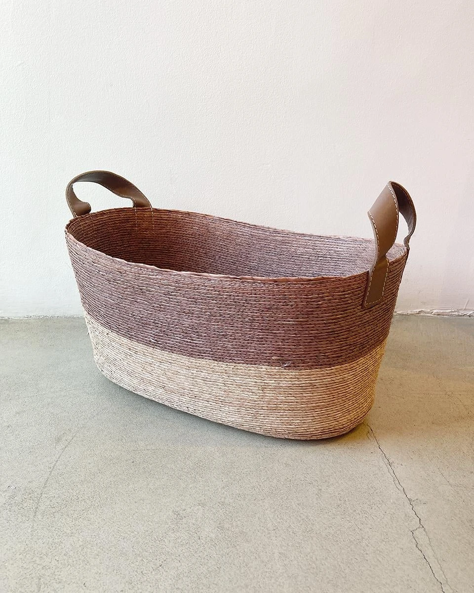 Natural Palm Storage Basket With Leather Handles, Long 5 Natural Palm Storage Basket With Leather Handles, Long - Image 5